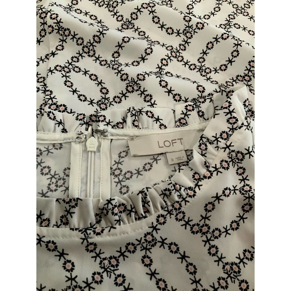 Loft Ruffle Flare Dress White Black Floral Long Sleeve Ruffle Hem size 8 #1094 - Picture 8 of 8
